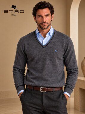 Etro Men's V-Neck Wool Sweater in Dark Gray with Contrast Trim Size L NWT